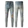 Casual men high street washed multi pocket blue splatter skinny light elastic jean