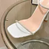 Dress Shoes Summer Lady Sandals Square Toe Fashion Pearl Rhinestone Women Transparent High Heels Buckle Party Pumps