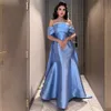 Blue Mermaid Evening Dresses with Cape Off the Shoulder Satin Formal Evening Gown Beaded Neck Satin Arabic Dubai Special Occasion Dress