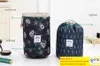 Women Cosmetic Bag Large Capacity Drawstring Barrel Shaped Makeup Flamingo Flower Print Travel Pouch Oxford Wash Organizer