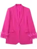 Damenanzüge Tesco Fashion Damen Blazer Fuchsia Eleganter Herbstmantel Schal Revers Federn Vintage Jacke Lebendige weibliche Kleidung für den Urlaub