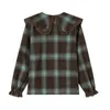 Damenblusen vielleicht u Frauen schick braun grün abwärtskragen Langarm Hemd Bluse Knopf Frühling Herbst Spitze Plaid B0734