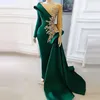 Sexy Prom Dresses Dark Green Mermaid Jewel Neck Illusion Gold Lace Appliques Crystal Beaded Long Sleeves Plus Size Satin Evening Gowns Side Train 403