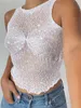 CAMISOLS TANKS TOSSY MESH LENCILA VENDO VENDO DE CARTO FOTO MULHERES MULHERES CROLT GLITTER GLITTE CASual Streetwear Hollow Out Slim Top Top 230410