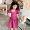 Mädchen Kleider Sommermode Baby Mädchen Baumwolle Falte Quadratischer Ausschnitt Rüschenärmel Krawatte Elegantes Kleid Kinder Schönes Outfit Kind Süßer Rock