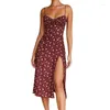 Vestidos casuais Mulheres Summer Summer sem mangas sexy com decote em V Floral Midi Long Sling Dress Rouched Backless Side High Slit Sundress