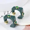 Stud Earrings European And American Personality Retro Green Geometric Inlaid Colorful Stones Hollow Square Women's Fashion Jewelry