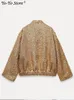 Kvinnorjackor Shinny Gold Sequin Croped Jacka för kvinnor Stand Collar Long Sleeve Loose Female Coats Autumn Fashion Casual Streetwear 231109