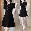 Casual Dresses Summer 2023 Simple Style Polo Collar Slim Black Dress Shirt Office Lady Work