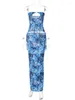 Werkjurken Top en lange roksets Strandblauw Bodycon Tweedelige holle bandageprint Tops Set Dames Zomer Strapless crop