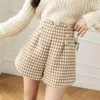 Shorts femininos laides retro botão houndstooth lã de perna larga para mulheres outono e inverno de fundo xadrez de cintura alta