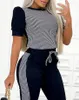 Women's Two Piece Pants Women Patchwork Tracksuit Sets Summer Plaid Print Puff Sleeve Top Drawstring Long Set Elegant Casual Sport