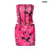 Work Dresses Rose Red Floral Print Strapless Corset Crop Top Mini Dress Two Piece Sets Sexy Women Streetwear Clothes Party 2023 Summer Chic