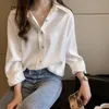 Women's Blouses Shirts Casual and fashionable women's top white lapel sweet office shirt OL chiffon shirt elegant loose bottom shirt blue strapless 230410