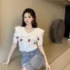 Kvinnors stickor High Fashion Kawaii virkad lapel Kort ärm Hollow T-shirt Strawberry Bead Thin Knit Top 2024 Summer Women Cardigan