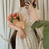 Casual Kleider Vintage Blumenkleid Damen Elegante Spitze Chiffon Koreanisch Partykleid Puffärmel V-Ausschnitt Midikleid Damen Herbstkleid 230410