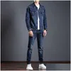 Heren Trainingspakken Slimme zakelijke trainingspakken Eenvoudig Blauw Heren Tweedelige sets Lente Herfst Denim jacks en jeans Mode Slank Trendy Str Dhmjc