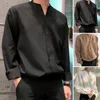 Men's Casual Shirts Men Shirt Collarless V-neck Long Sleeve Single-breasted Top Loose Fit Solid Color Office