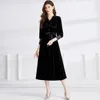 Women Elegant Fit Ruched Lace Midi Dress French Designer Puff Sleeve V-Neck Slim High Waist Vacation Party Dresses 2023 Spring Autumn Runway Office Lady Solid Frocks