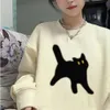 Han Fan Chic Cartoon Cat Sweater Kadın Yuvarlak Boyun Bahar ve Sonbahar İnce Gevşek Gündelik Büyük Orta Uzunluk Küzen