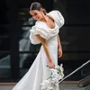 Simple Solid Mermaid Wedding Dresses Ruched Square Collar Puff Sleeves Bridal Dress Long Elastic Bride Gowns