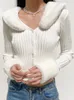 Kvinnors stickor 2023 Black Button Up Knit Cardigan Sweaters päls krage och manschetter långärmad smal höst vinterhoppare kvinnor koreanska utgifter