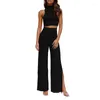 Casual Dresses Womens 2 Piece Outfits Mock Neck Sleeveless High Waist Crop Top And Wide Leg Pants Set Ribbed Knit Jumpsuits