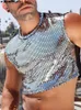 Men's Tank Tops INCERUN Fashion Men Tank Tops 1 Patchwork Shiny O-neck Sleeveless Crop Tops See Through Streetwear Party Nightclub Vests 230410