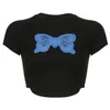 Women's T Shirts Butterflies Applique Embroidery T-Shirt For Women Summer Short Sleeve O-Neck Graphic Curved Hem Slim-Fitted Crop Top