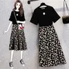 Work Dresses 4XL Women Summer Fashion Short Sleeve O Neck Slim T Shirt Chic Floral Print Skirt 2 Piece Set Stylish Clothing Suit