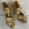 Scarpe da sposa con plateau e rivetti di perle con perline Sandali estivi da donna con strass di diamanti in raso con ricamo tacco grosso