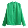 Women's Blouses Women Fashion Green Shirt With Pleated Shoulder Long Sleeves Mock Neck Casual Chic Lady Woman Straight Blouse Top