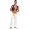 Theme Costume Mens Halloween Costume Mythical Prince Aladin Carnival Cosplay Party Outfit Sequin Trim Waistcoat with Belted Pants 230410