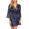 Women's Sleepwear Sexy Nightgown Lingerie Fashion Lace Patchwork Nightdress Women Silk Kimono Belt Bath Robe Nightwear Chemises