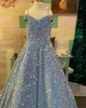 Iridescent Girl Pageant Dress 2023 Velvet Sequin Beading Off-Shoulder little Kid Birthday Formal Party Gown A-Line Toddler Teens Preteen Floor-Length Royal Red Blue