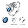 Cluster Rings Charm Leaf Design Teardrop Shape Sappire Blue Stone For Women Elegant Wedding Engagement Promise Cocktail Jewelry