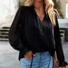 Kvinnors blusar elegant chiffong v hals prick puff kvinnor blus ruched ren mesh långa ärmar blå skjortor rufsar casual tops blusa