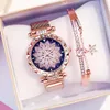 Avanadores de pulso Manget Buckle Lucky Flower Watch Luxury Ladies Rhinestone Quartz Bracelet Set Relogio feminino