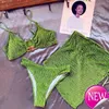 Solid Green Low Waist Bikini Set Cover Up Swimsuit For Women Push Up Ruffle Three Pieces Swimwear 2023 Beach Bathing Suits