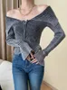Cárdigan corto tejido gris para mujer, suéter con solapa grande, doble cremallera, manga larga, moda para mujer, primavera y otoño O693
