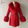 Frauen Pelz Faux Jxwatcher 2023 Stil Kaschmir Mäntel Echt Kragen Damen Mittellange Wolljacke Winter Elegante Gürtel Design Oberbekleidung 231109