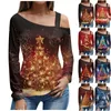 T-shirt da donna T-shirt stampata con albero di Natale Top con spalle scoperte alla moda Autunno inverno Pullover a maniche lunghe da donna Elegante Roupas Feminina