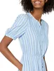 Women's Half-Sleeve Waisted Midi A-Line Dress Blue/White French Stripe Large