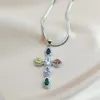 Anhänger Halsketten Multi Farbe Kristall Zirkon Kreuz Halskette Für Frauen Edelstahl Silber Charme Religiöse Schmuck Geschenk NTPS05