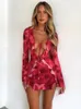 Casual Dresses Summer Print Mini Dress Sexy Mesh See Though Ruffle Bodycon Fashion Bandage Long Sleeve Club Party Beach Outfits 2023