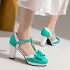 Dress Shoes 2023 T-buckle Bow Women's Baotou Sandals Candy Color Patent Leather Mary Jane Chunky Heel High