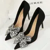 Dress Shoes Western Style Elegant Women Party 10.5cm High Heels Pumps Stiletto Shallow Pointed Toe Silk Rhinestone Butterfly Knots