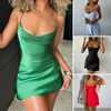 Robes décontractées Satin licou cou coupe basse femmes robe doux dos nu à lacets vacances d'été couleur unie sans manches Club Mini