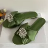 Luxury Satin Pleated Butterfly-Knot Lady Mules Sandals Sexy Open Toe Crystal Rhinestone Buckle Decor Flat Heel Slippers Women