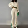 Women's Two Piece Pants Color Patchwork Rib Knitted 2 Set Women O Neck Long Sleeve Crop Tops High Waist Split Flare Casual Streetwear Suits